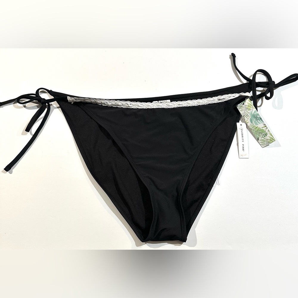 NEW Celebrity Pink Women's Swim Side Tie Bikini Bottom Black w/Lace - Picture 4 of 12